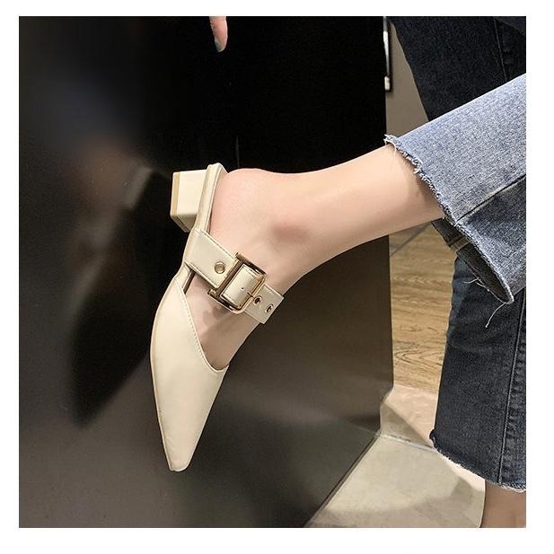 Belt Buckle Half Slippers for Women To Wear Externally 2024 Summer New Korean Style Pointed Thick Heel Wrapped Slippers for Women