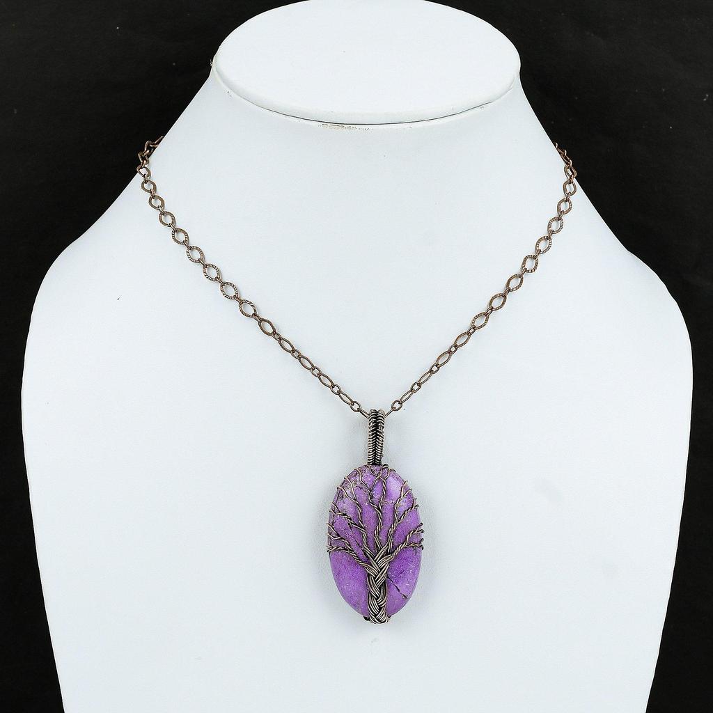 Подвеска из пурпурита «Дерево жизни», подвеска из медной проволоки, подвеска ручной работы, дизайнерское ювелирное изделие из меди, подарок для нее, ювелирное изделие из драгоценных камней с проволочной обмоткой