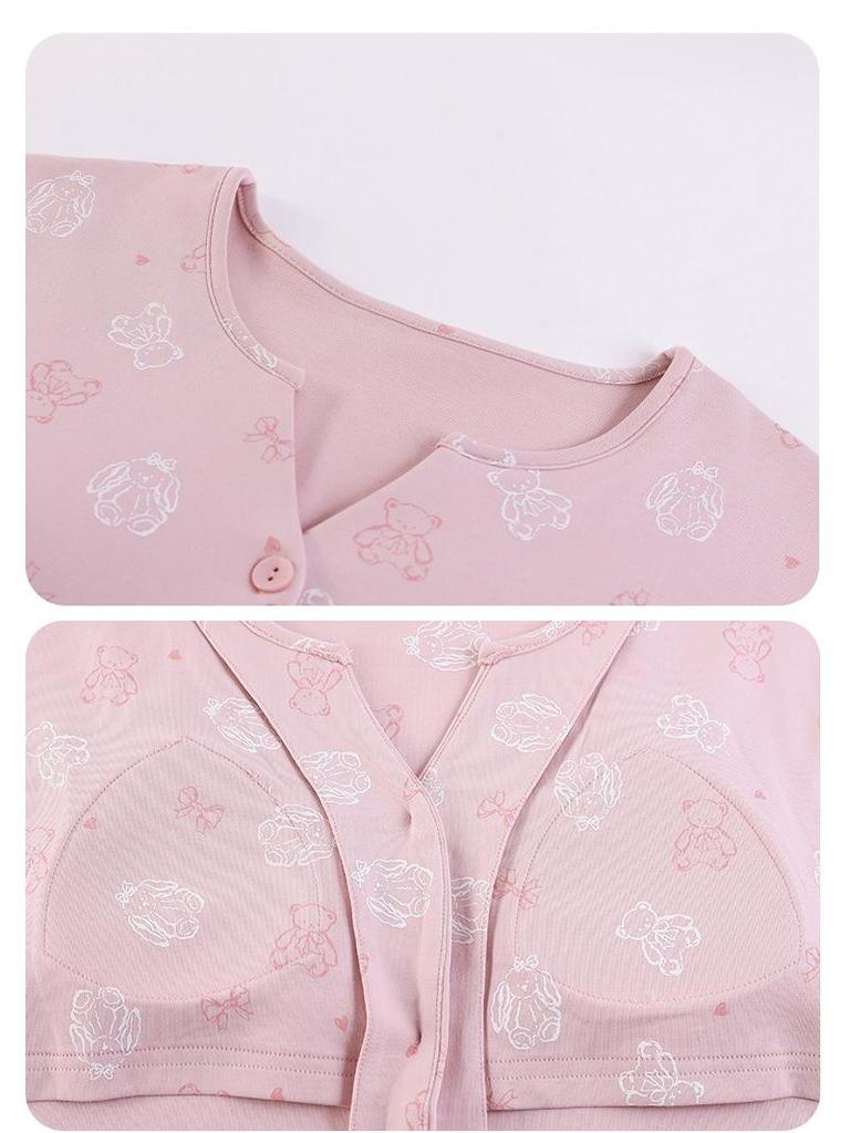 Комплект женской пижамы из чистого хлопка в корейском стиле с вкладышами для груди - Новинка 2025 Весна/Осень Домашняя одежда с длинным рукавом