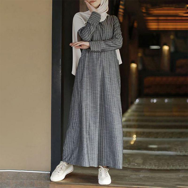 Women Muslim Kaftan O Neck Party Belt Solid Puff Sleeve Retro Long Maxi Shirt Dress