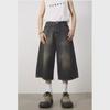 Men's Washed Retro Distressed Wide-Leg 7-Point Denim Shorts