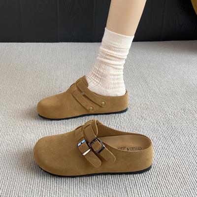 Модные дизайнерские женские замшевые мюли с закрытой пяткой, регулируемой пряжкой, слипоны, повседневные, мягкие внутри, обувь на танкетке, шлепанцы без задника для ходьбы