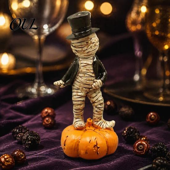 Unique Halloween Desk Accessory Dancing Mummy Figurines with Pumpkin Base, Funny Gentleman Top Retro Home Accents Hat Statue, Spooky Tabletop