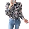 Long Sleeve Floral Print Ribbon Dress Open Perfect for Everyday and Fall [Leadamon-oee] Women's Shirt, V-Neck, See-Through Top, Front, Flattering,