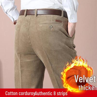Мужские вельветовые брюки широкого рубчика на осень/зиму: Двубортные, Свободный крой, Теплые, Толстые, Плюс вельвет, Прямые штанины, Чистый хлопок, Для среднего возраста.