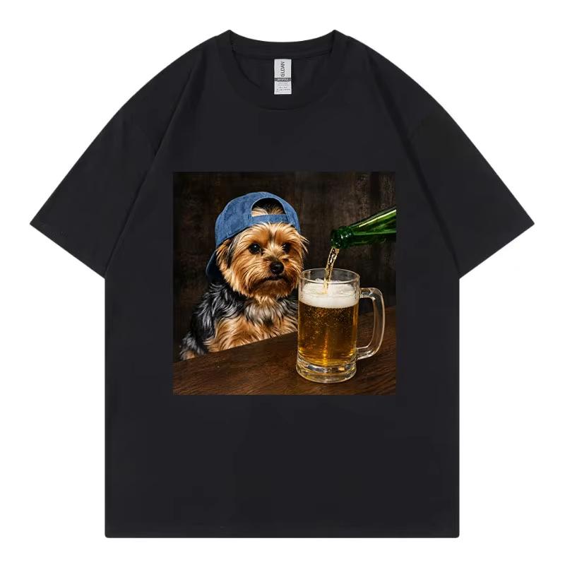 Yorkie Drinking Beer Funny Meme Graphic T Shirts Summer Casual Short Sleeve T-shirtWomen Fashion O-Neck T-shirt