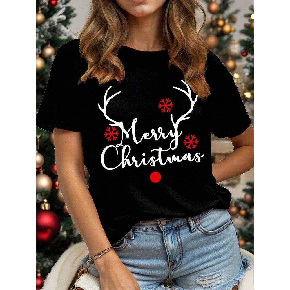 Casual Christmas Claus T-Shirt for Women Loose Round Neck Short Sleeve Tops