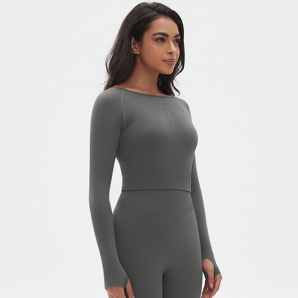 Seamless Knitted Solid Color Peach Tight T-shirt Top Fitness Exercise Yoga Clothing Moisture Absorbing Body Shaping Long Sleeve Women