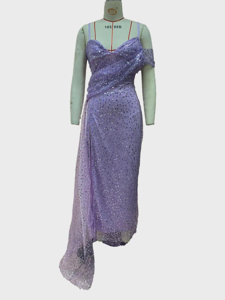 Женское вечернее платье в европейском и американском стиле 2025 года: Разрез с пайетками, неровный подол, длинная юбка с подтяжками