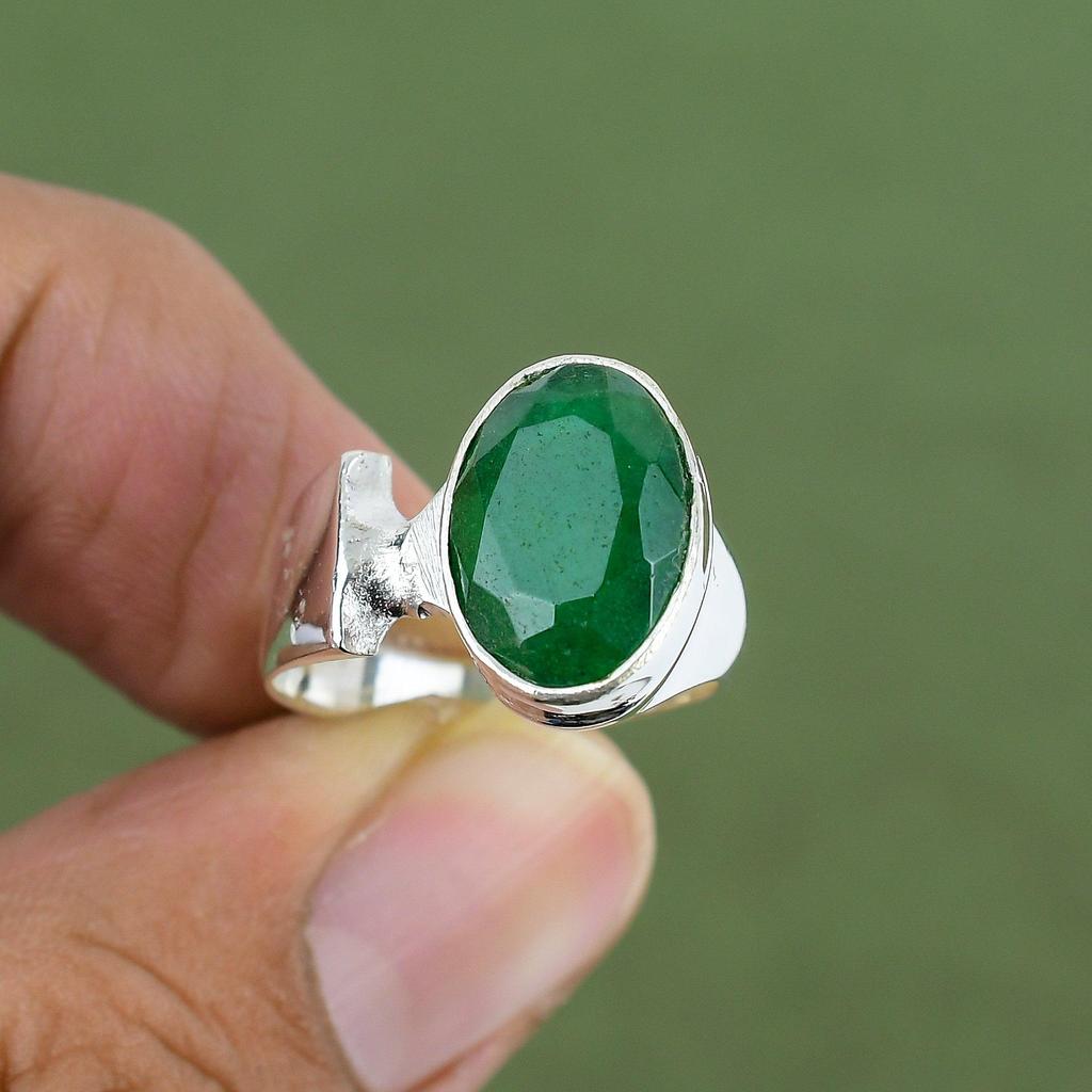 Кольцо с фасетчатым замбийским изумрудом Кольцо из стерлингового серебра 925 пробы Бижутерия в стиле бохо Уникальное кольцо с драгоценным камнем Ручное изготовление Кольцо для подарков Доступно в размерах