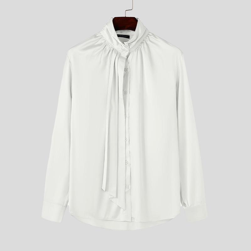 INCERUN Мужские рубашки с высоким воротом и оборками, повседневные топы с длинным рукавом