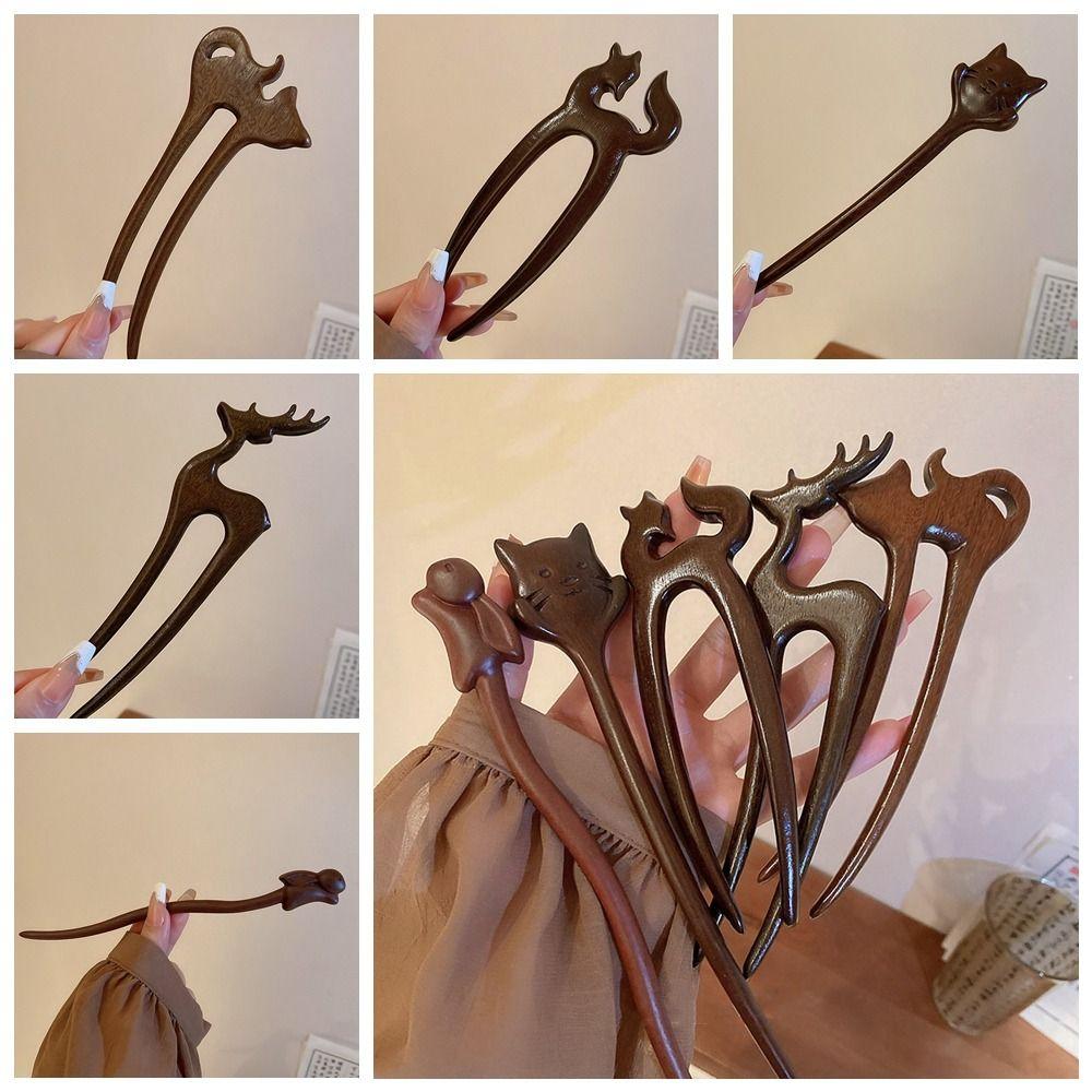 Cat Wooden Hair Stick Wood Hair Chopstick Ancient Style Chinese Style Hairpin  Girls