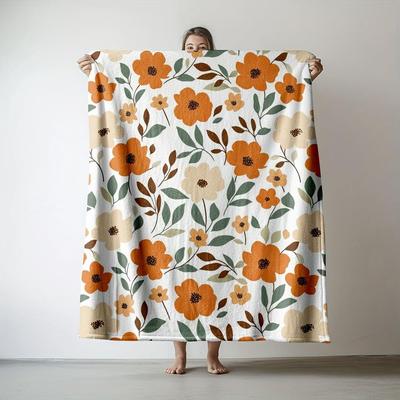 1pc Orange Flower Printed Flannel Blanket  280gsm Heavyweight Soft Warm AllSeason Throw with Vibrant Orange  Floral Pattern