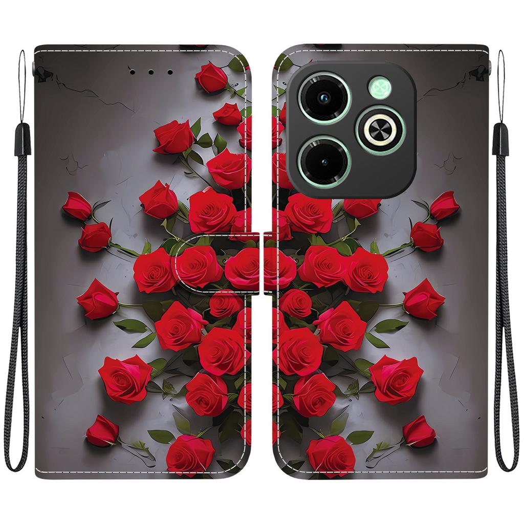 Handmade PU Leather Flip Case for Infinix Hot 40i (X6528B) Anti-Slip Shockproof Cover with Wrist Strap & Heart/Rose Cat Designs