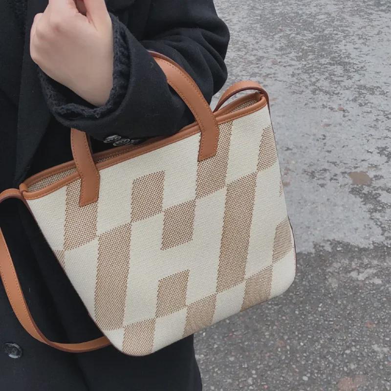 Большая вместительная сумка-тоут из холста и натуральной кожи - женская сумка из твила для ношения в руке и через плечо