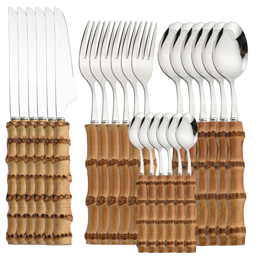 6//24Pcs Dinnerware Sets Bamboo Handle Stainless Steel Creative Flatware Set Knife Fork Spoon Tableware Set Luxury Cutlery Rack