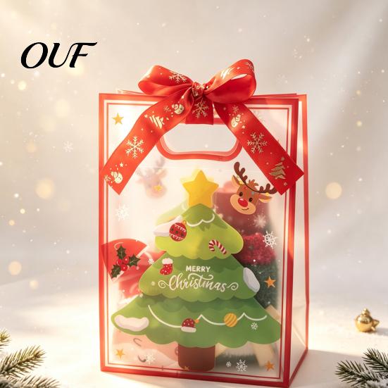 Seasonal Souvenir Gift Pouches Christmas Bags with Handles, Reusable Clear PP Treat for Eve Candy Apples Cookies, Holiday Party Favor Packaging Ribbon
