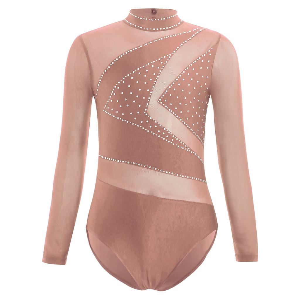Girls Sheer Mesh Long Sleeve Leotard Cutout Back Sparkly Rhinestone Gymnastics Figure Skating Costume