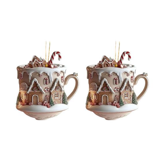 2 Pcs Coffee Cup Christmas Tree Ornaments 2D Acrylic Winter Village Snow House Hot Chocolate Mug Shape Xmas Hanging Pendents for Holiday Decor