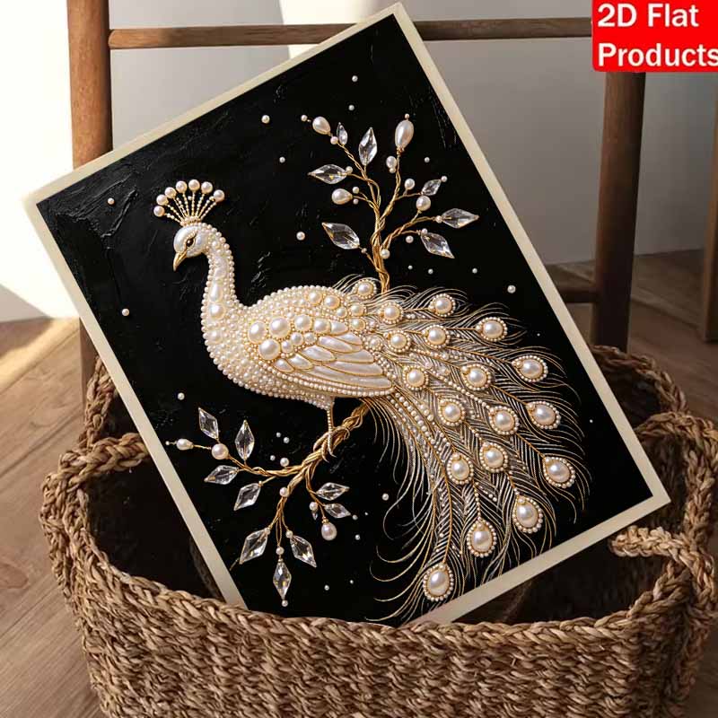 White peacock pearl painting kit features 5D pearls and a mosaic art style. designed for elegant home wall decoration.