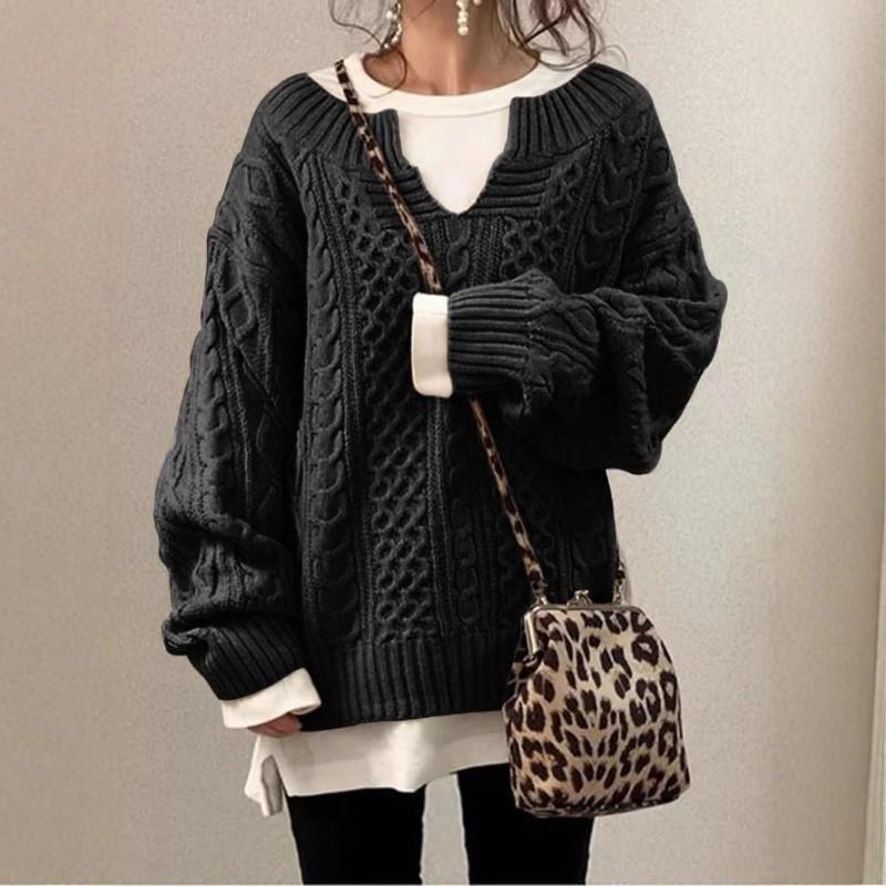 Womens V-Neck Knit Sweater With Cable Loose Fit Casual Pullover In Acrylic Winter