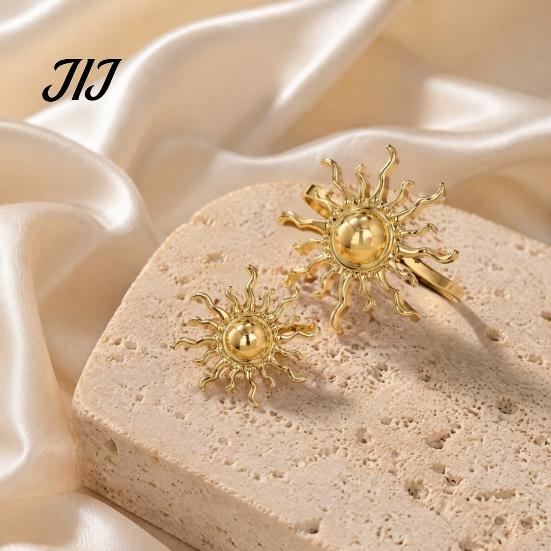 Women Hand Jewelry 2Pcs Retro Sun Bangle Ring Set, Open Adjustable Cuff Bracelet Golden Tone & Ring, Plated Statement for Set