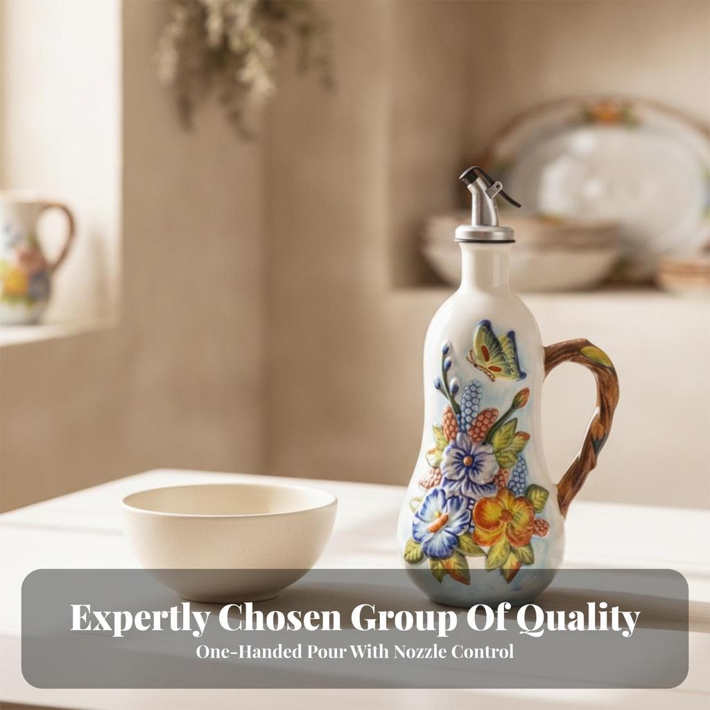 Ceramic Oil Bottle with Pouring Spout Sturdy Soy Sauce Dispenser Hinged Cap