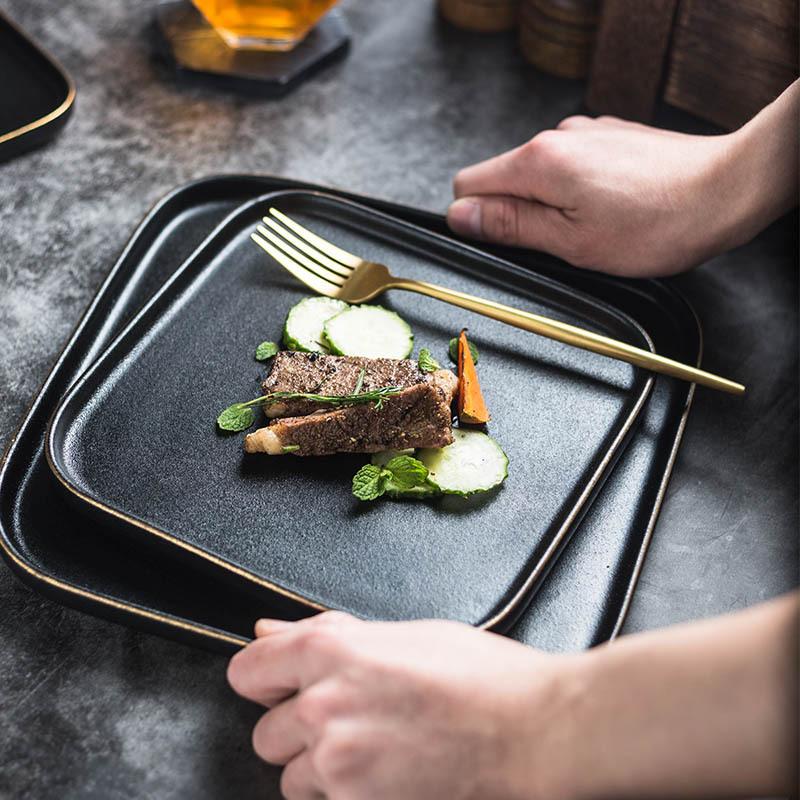 Japanese Black Frosted Steak Plate, High-Value Creative Square Plate, Restaurant Western Pasta Plate, Commercial Ceramic Dish Plate