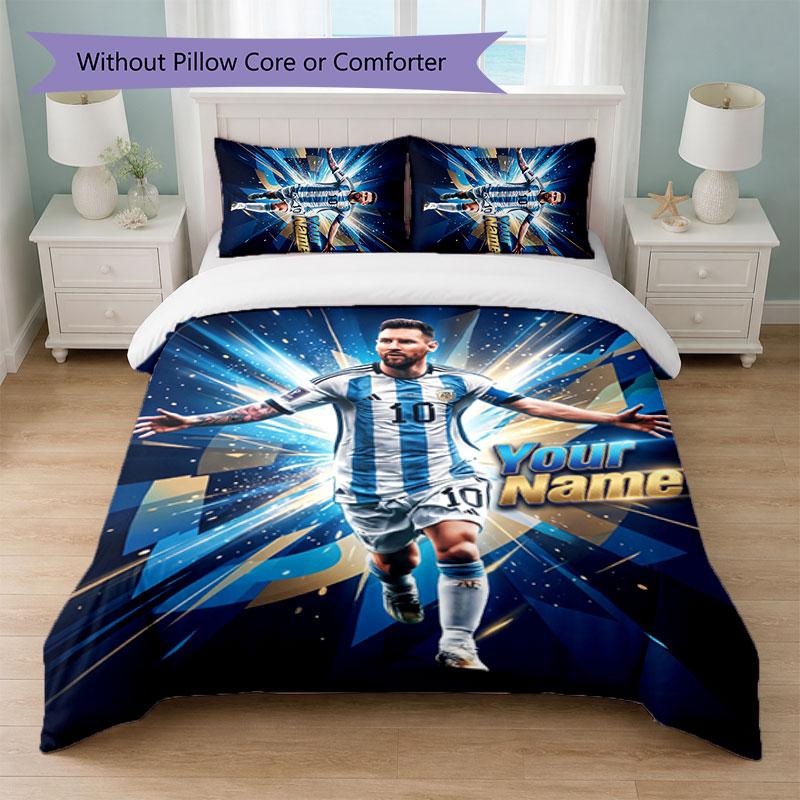 Lionel Messi Custom Name Text Bedding Set 1 Duvet Cover+2 Pillowcases Soccer Logo Personalized Gift For Special Occasion Bedroom Decor