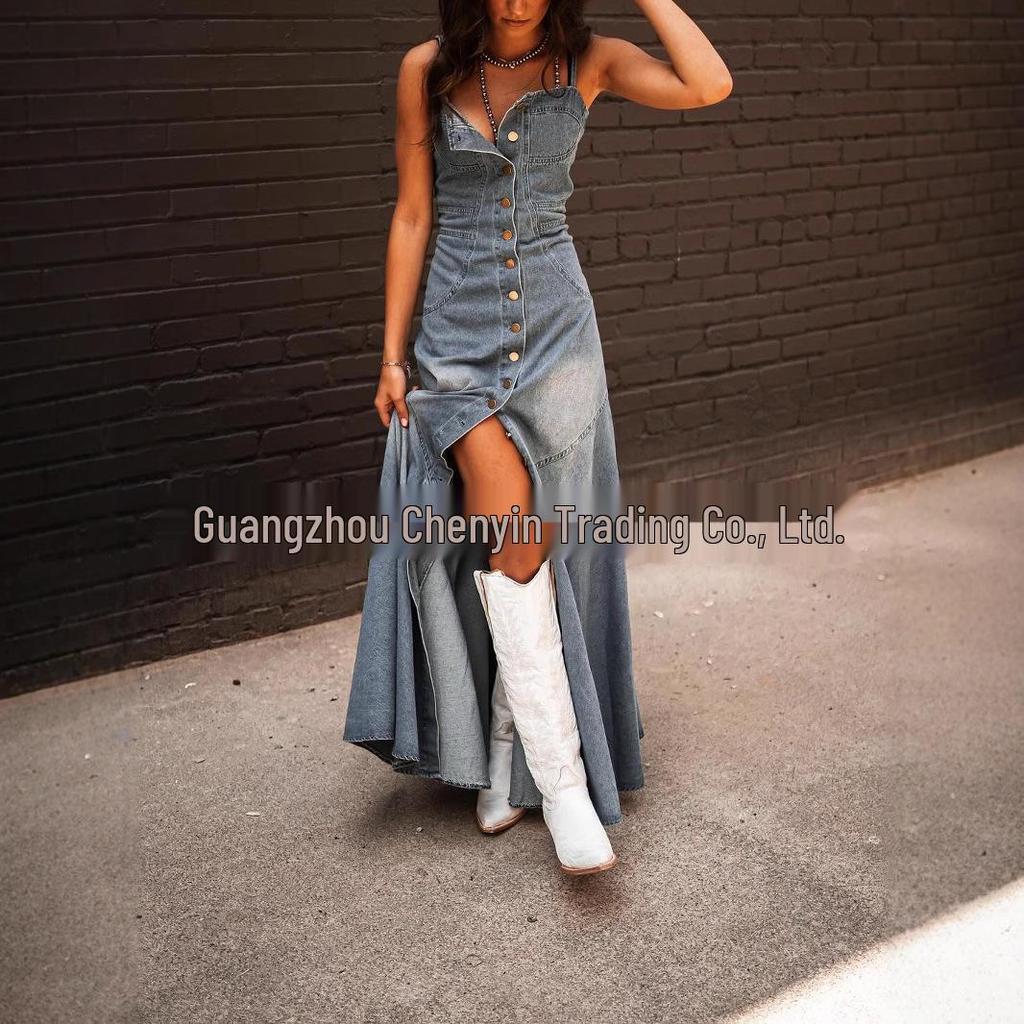 European & American Retro Washed Denim Suspender Swing Dress for Women