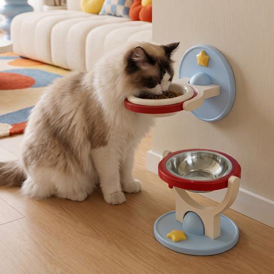 Indoor Cat Feeding Station 2-in-1 Wall Mounted Bowl, Elevated Food Anti-Tipping Foldable Raised Bowl Pet Feeder Shelf, Floating for Cats,