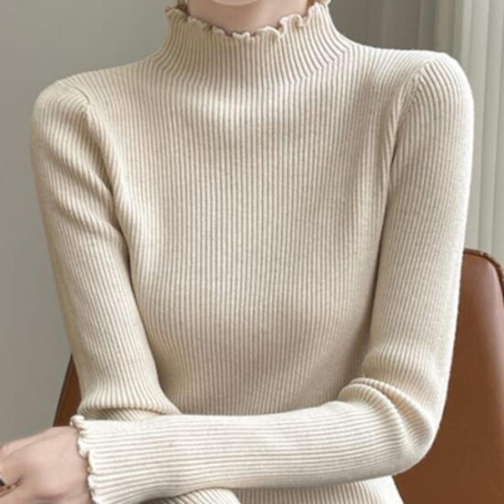 Navava Women Inner Pearl Ribbed Mock Neck Long Sleeve Knit Tee Nk2319