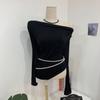 C S In The Room Mono Off Shoulder Draped ShirrIng Long Sleeve Tee 3Color C