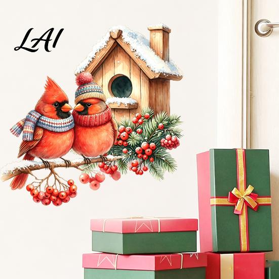 Bird Wall Decals Christmas Sticker Watercolor PVC Decal Waterproof Winter Decorative Theme Window Cling for Glass Doors And Storefronts Festive Door