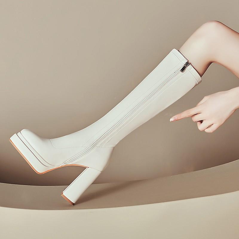 Высокие ботинки Осень Новые Круглый носок Боковая молния Платформа Нескользящие Износостойкие Квадратный каблук Высокий каблук Ботинки