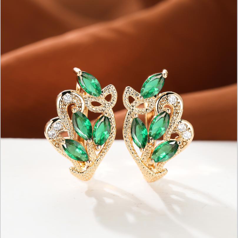 1 пара серег золотого цвета с радужным камнем и цветочным узором в виде листьев, красные, желтые, синие, зеленые, висячие полые серьги с камнями