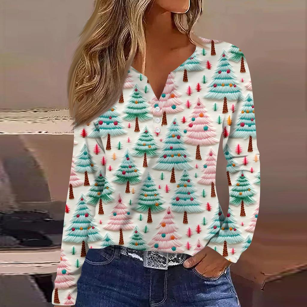 Женская модная повседневная футболка с V-образным вырезом, на пуговицах, с длинным рукавом, с рождественским принтом