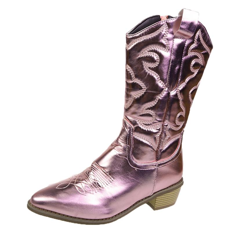 Золотые сапоги до середины икры, женская молния сбоку, серебряные остроконечные ковбойские сапоги в стиле вестерн, модные черные сапоги в стиле ретро, женские сапоги больших размеров 36–43