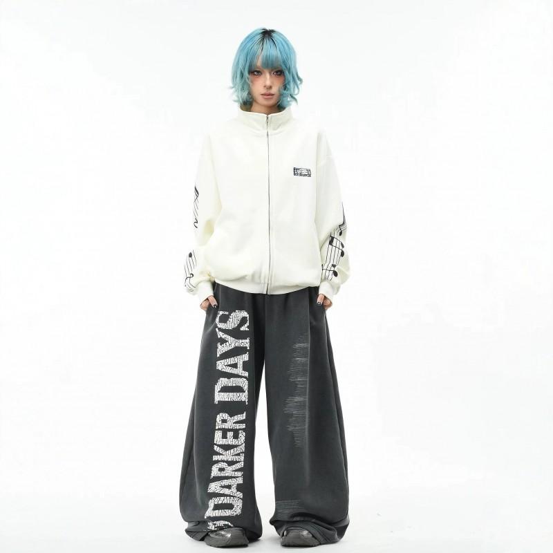 Unisex Rock Style Embroidered Short Jacket With Music Notes Loose Fit Stand Collar Zipper Casual Outerwear
