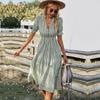 Женские полосатые повседневные платья с короткими рукавами и кисточками средней длины, летние платья на пуговицах с v-образным вырезом для женщин