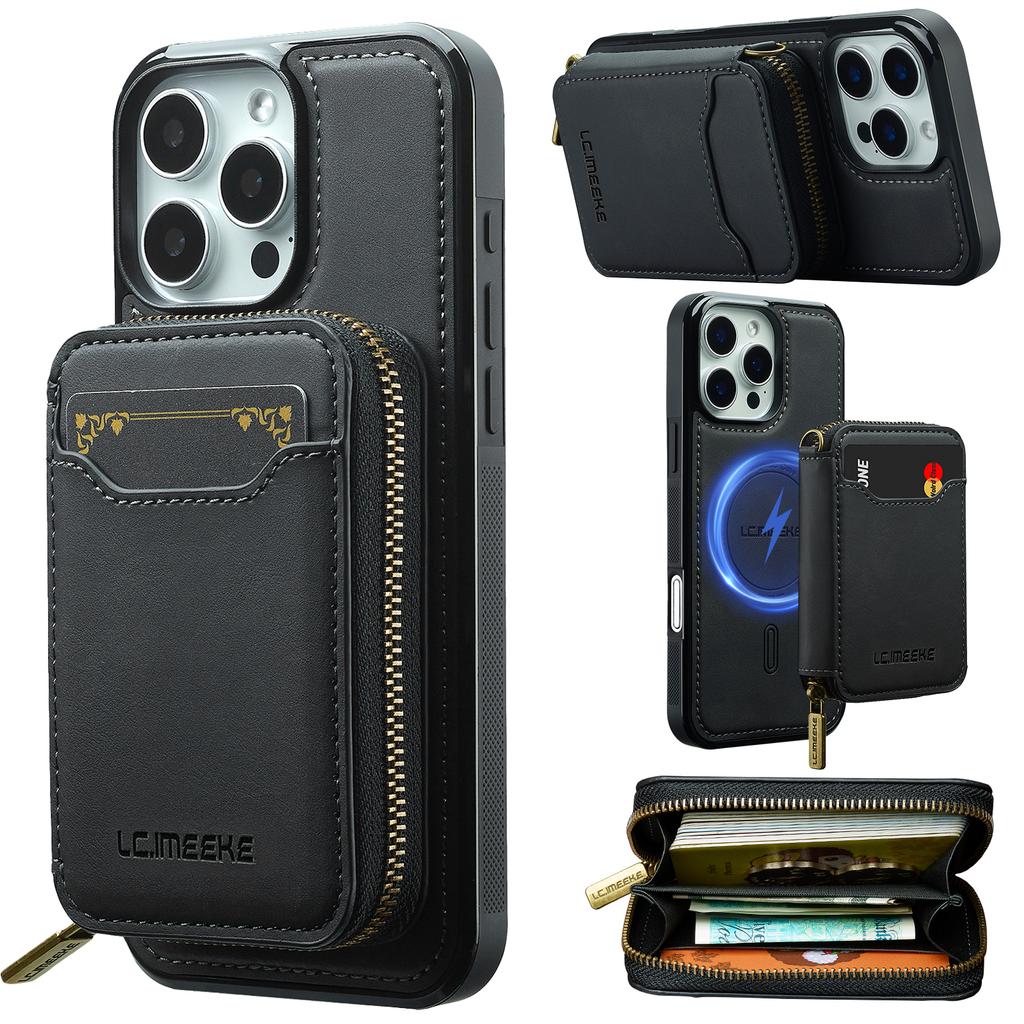 LC.IMEEKE L6 For iPhone 16 Pro Max Magnetic Case Detachable Zipper Wallet Leather Coated PC + TPU Phone Cover