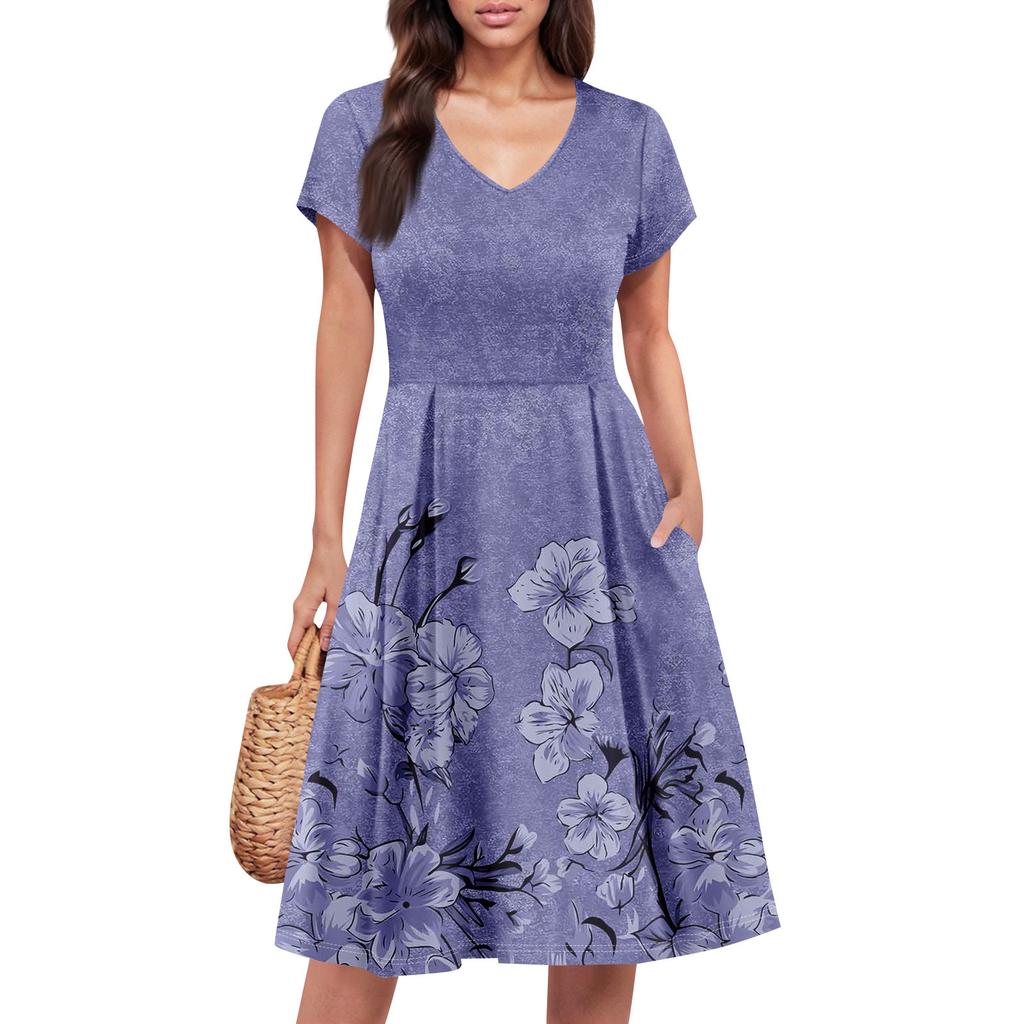 Womens Summer Dress Short Sleeve V Neck Short Dresses Fashion Casual Flowy A Line Swing Sundress With Pocket