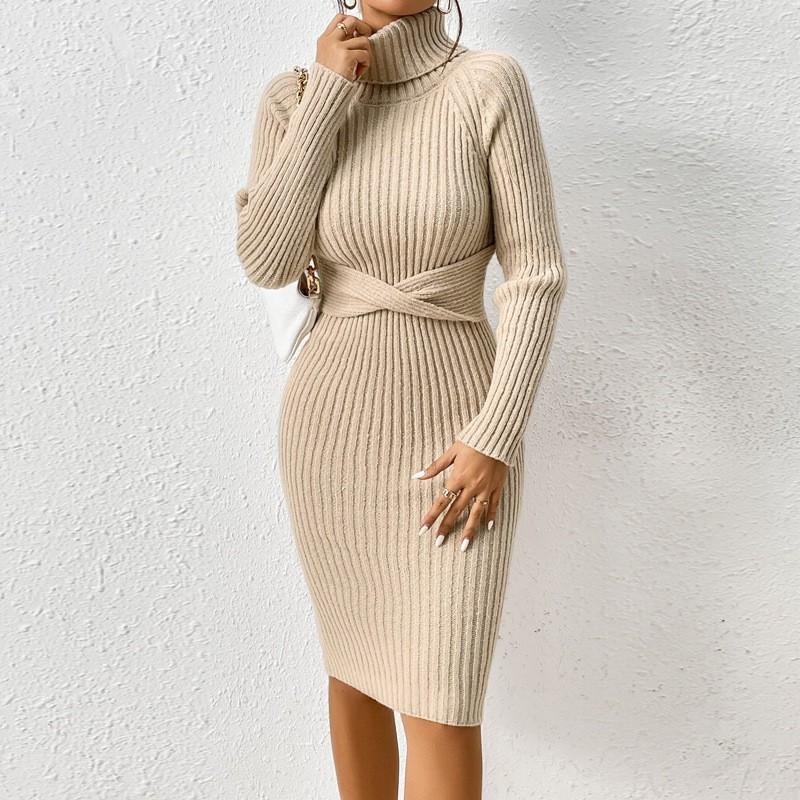 Womens High Neck Slim Fit Knit Sweater Dress Solid Color Long Sleeve Casual Chic Outfit