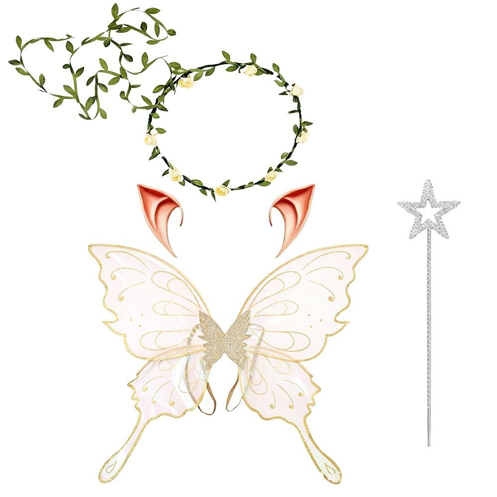 4Pcs Floral Garland Headband Butterfly Wings Set Hollow Mesh Sparkling Angel Wings Women Girls
