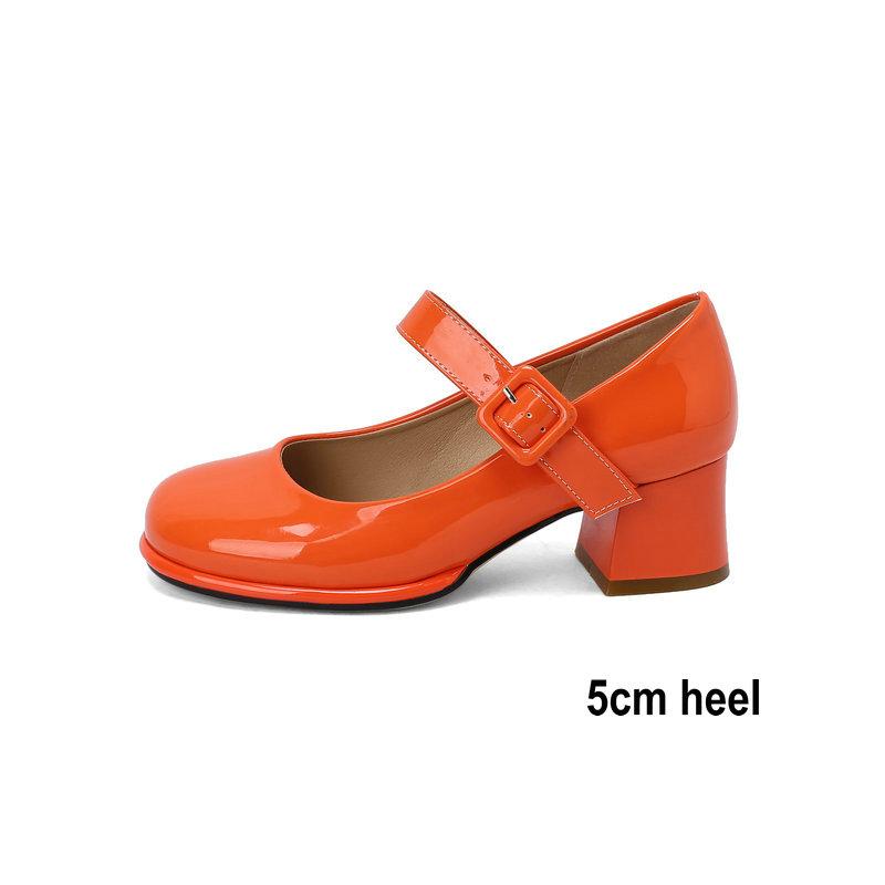 Patent PU Leather Orange Red Closed Toe Women Pumps Big Size 47 48 Mature Lady Office Shoes Buckle Strap Mary Jane Chunky Heels Big Plus Size 48