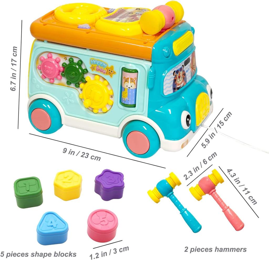 Music Activity Bus Baby Toy with Sound & Light Shape Sorter Whack-a-Mole Toys Interactive Game Cartoon School Bus for Kids