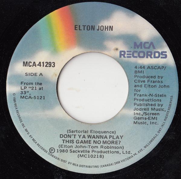 7-дюймовая пластинка ELTON JOHN Sartorial Eloquence Dont Ya Wann MCA41293 MCA Records 1980 Канада Рок Б/у