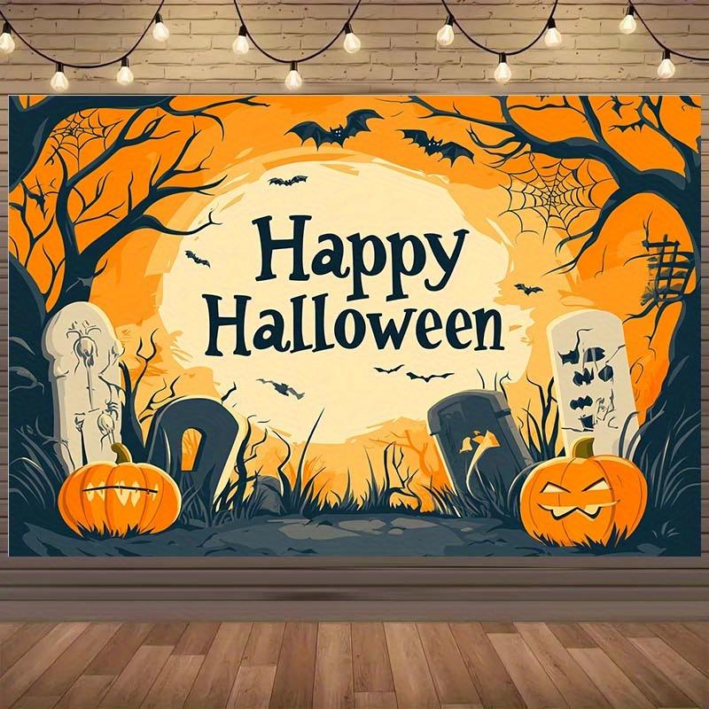 2D graphic design, 1 piece of Halloween-themed background fabric, featuring pumpkins and bats