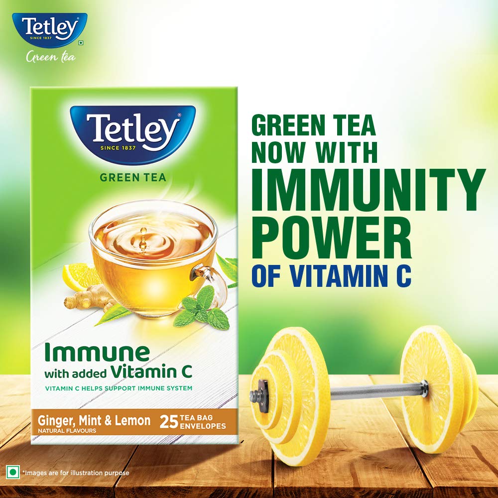 Чай зеленый Tetley Immune 25 чайных пакетиков, витамин С с имбирем, мятой и лимоном, травяной антиоксидантный купаж без кофеина для гидратации и ежедневного хорошего самочувствия