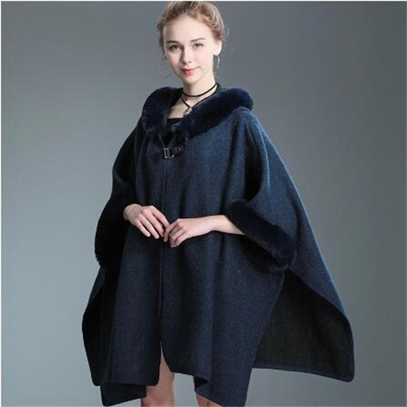 9 Colors Black Winter Warm Fashion Horn Buckle Poncho Capes Women Imitation Rabbit Fur Batwing Sleeves Loose Long Coat With Hat